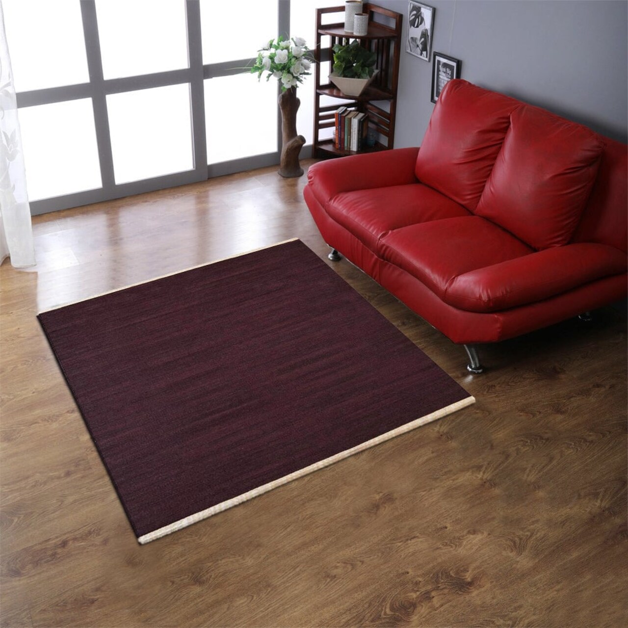 Rugsotic Carpets Hand Woven Flat Weave Kilim Wool Area Rug Solid Plum D00111